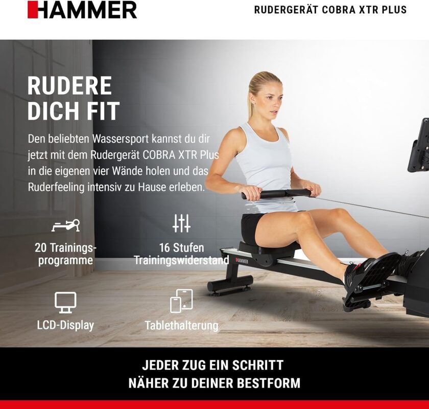 HAMMER Rudergerät Cobra XTR Plus II – Klappbare Rudermaschine mit innovativem Trainingscomputer, Rudergerät für zuhause bis 130kg, 20 Trainingsprogramme mit 4 Herzfrequenz-Programme