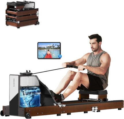Rudergerät Faltbar, für das Fitnessstudio zu Hause, Rudergerät für Krafttraining, Wasserbeständigkeit und Magnetwiderstand, Dreifach Faltbar, Kompatibel mit App, Walnussholz
