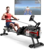 YAMO Rudergerät für Zuhause, 16L Wassertank Rudergerät mit 6-Fach Verstellbarer Widerstand, extra breiter Sitz bis 158 kg belastbar, Bluetooth Wird unterstützt, mit Tablet-Halter