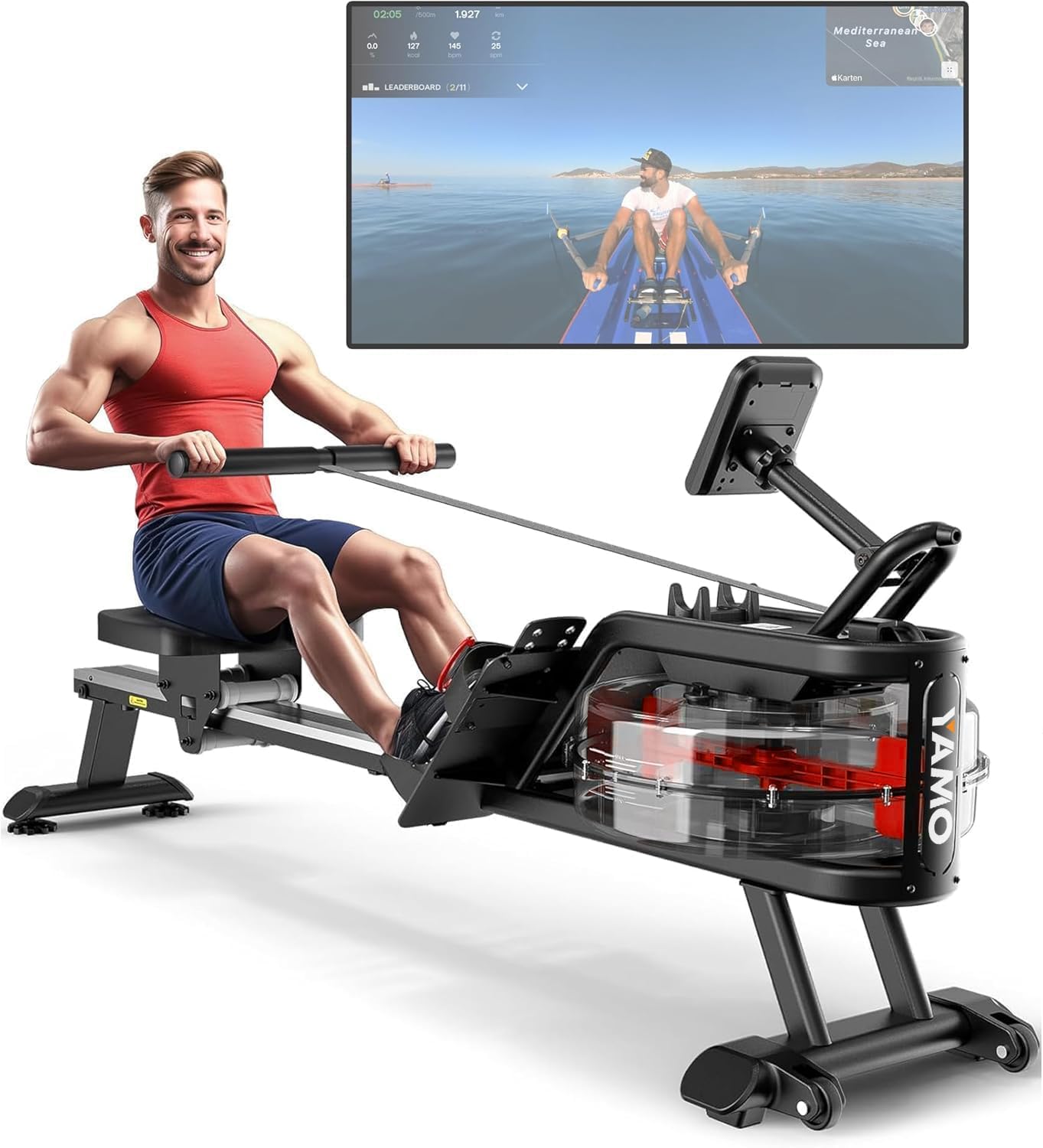 71VXRr7tURL._AC_SL1500 YAMO Rudergerät für Zuhause, 16L Wassertank Rudergerät mit 6-Fach Verstellbarer Widerstand, extra breiter Sitz bis 158 kg belastbar, Bluetooth Wird unterstützt, mit Tablet-Halter