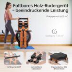 R3 Faltbares Rudergerät aus Eichenholz, mit Bluetooth-fähigem LCD-Display, kompatibel mit Kinomap, 28L Wassertank, belastbar bis 150 kg, ergonomischer Sitz, Verstellbarer Tablethalter
