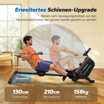 MERACH Rudergerät für Zuhause, Leise Magnetische Rudergeräte, Verbesserte und Erweiterte 130cm-Schienen Sorgen für Freiere Bewegung, Ausgestattet mit Exklusiver App (R15B2)