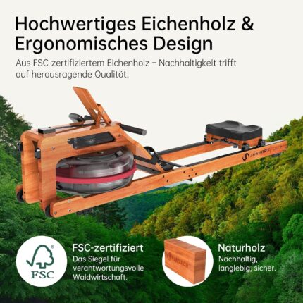R3 Faltbares Rudergerät aus Eichenholz, mit Bluetooth-fähigem LCD-Display, kompatibel mit Kinomap, 28L Wassertank, belastbar bis 150 kg, ergonomischer Sitz, Verstellbarer Tablethalter